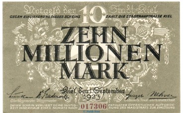 Banknote Stadt Kiel , 10 Millionen Mark Schein in kfr. Keller 2614.h von 1923 , Schleswig Holstein Großnotgeld Inflation
