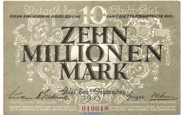 Banknote Stadt Kiel , 10 Millionen Mark Schein in L-gbr. Keller 2614.h von 1923 , Schleswig Holstein Großnotgeld InflationBanknote Stadt Kiel , 10 Millionen Mark Schein in L-gbr. Keller 2614.h von 1923 , Schleswig Holstein Großnotgeld Inflation