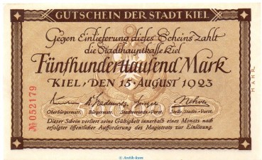 Banknote Stadt Kiel , 500.000 Mark Schein in kfr. Keller 2614.e von 1923 , Schleswig Holstein Großnotgeld Inflation