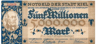 Banknote Stadt Kiel , 5 Millionen Mark Schippen in gbr. Keller 2614.h von 1923 , Schleswig Holstein Großnotgeld Inflation
