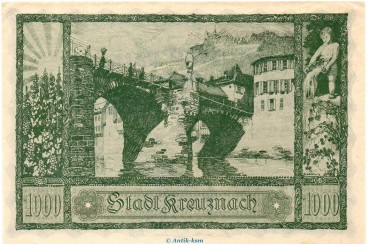 Preview: Banknote Stadt Kreuznach , 1.000 Mark Schein in kfr. Müller 2495.1.b von 1922 Rheinland Großnotgeld Inflation