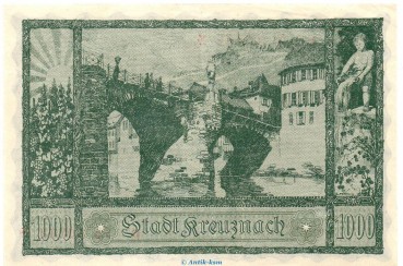Preview: Banknote Stadt Kreuznach , 1.000 Mark Schein in kfr. Müller 2495.1.e von 1922 Rheinland Großnotgeld Inflation
