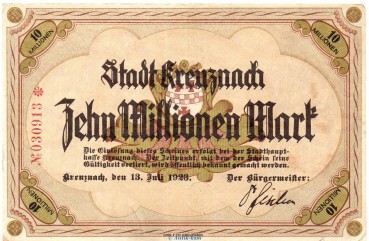 Banknote Stadt Kreuznach , 10 Millionen Mark Schein in L-gbr. Keller 2812.d von 1923 Rheinland Grossnotgeld Inflation