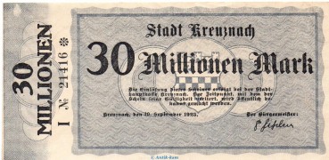 Banknote Stadt Kreuznach , 30 Millionen Mark Schein in L-gbr. Keller 2812.h von 1923 Rheinland Grossnotgeld Inflation