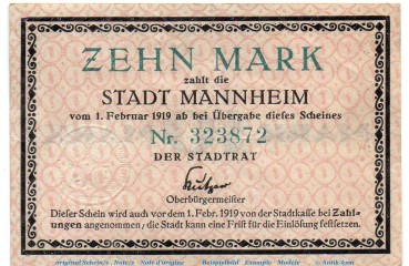 Banknote Stadt Mannheim , 10 Mark nicht entwertet in gbr. Geiger 343.02.a , o.D. Baden Großnotgeld