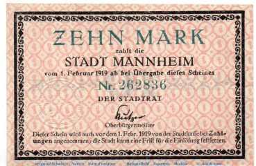Banknote Stadt Mannheim , 10 Mark nicht entwertet in kfr. Geiger 343.02.a , o.D. Baden Großnotgeld