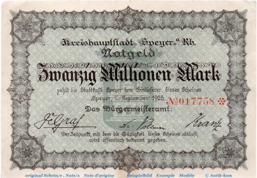 Banknote Stadt Speyer , 20 Millionen Mark Schein in gbr. Keller 4834.o , von 1923 , Pfalz Inflation