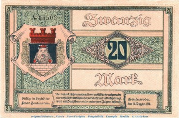 Banknote Stadt Zeulenroda , 20 Mark Schein in kfr. Geiger 576.08 , von 1918 , Thüringen Inflation