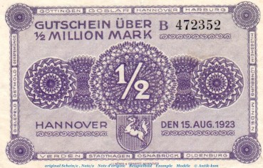Banknote Ver. Handelskammer Hannover , halbe Million Mark Schein -B- in gbr. Keller 2169.b , von 1923 , Niedersachsen Inflation