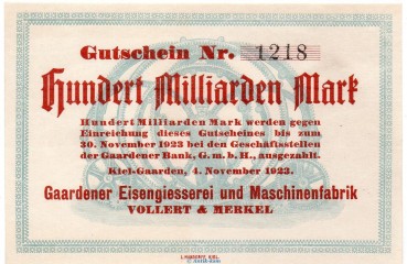 Banknote Vollert + Merkel Kiel-Gaarden , 100 Milliarden Mark Schein in kfr. Keller 2639. von 1923 , Schleswig Holstein Großnotgeld Inflation