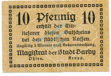 Barby , Notgeld 10 Pfennig Schein gbr. Ti.0320.10.06 S 1920 Verkehrsausgabe -4252-