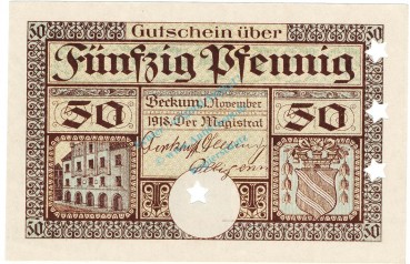 Beckum , Notgeld 50 Pfennig --MUSTER-- unc-kfr. Ti.0370.10... Westfalen 1918 Verkehrsausgabe