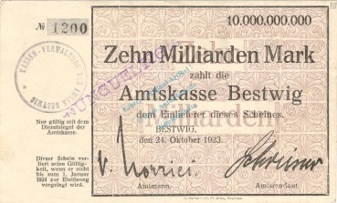 Bestwig , Banknote 10 Milliarden Mark Schein gbr.E Keller 386.c , Westfalen 1923 Inflation