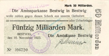 Bestwig , Banknote 50 Milliarden Mark Schein unc-kfr.E Keller 386.d , Westfalen 1923 Inflation