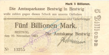 Bestwig , Banknote 5 Billionen Mark Schein L-gbr.E Keller 386.e , Westfalen 1923 Inflation