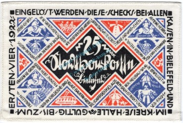 Bielefeld , Notgeld 25 Mark -Leinen- unc-kfr. M-G 103.11.g , Westfalen 1921 Seriennotgeld