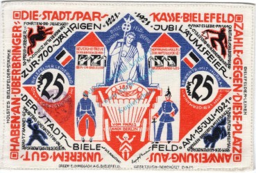 Preview: Bielefeld , Notgeld 25 Mark -Leinen- unc-kfr. M-G 103.11.g , Westfalen 1921 Seriennotgeld