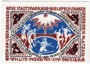 Preview: Bielefeld , Notgeld 25 Mark -Seide- unc-kfr. M-G 103.7.i , Westfalen 1921 Seriennotgeld