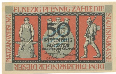 Bielefeld , Notgeld 50 Pfennig Schein unc-kfr. Ti.0620.05.60 NRW 1918 Verkehrsausgabe -4239-