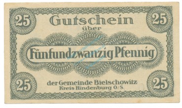 Preview: Bielschowitz , Notgeld 25 Pfennig Schein unc-kfr. Ti.0625.05.15 SLN 1917 Verkehrsausgabe -4248-