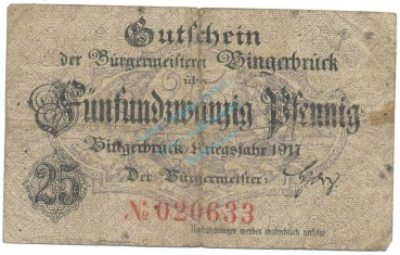 Bingenbrück , Notgeld 25 Pfennig Schein gbr-. Ti.0635.05.02 RHL 1917 Verkehrsausgabe -4256-