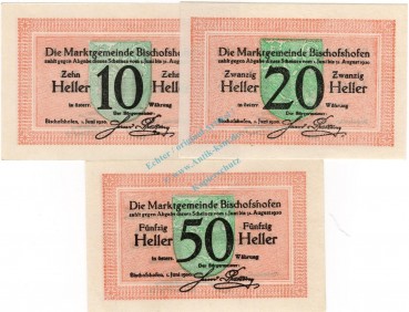 Bischhofshofen , Notgeld Set mit 3 Scheinen unc-kfr. K-K 88.b , Salzburg 1920 ÖsterreichBischhofshofen , Notgeld Set mit 3 Scheinen unc-kfr. K-K 88.b , Salzburg 1920 Österreich