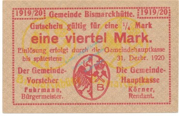 Bismarckhütte , Notgeld 25 Pfennig Schein unc-kfr. Ti.0695.10.60 OSL 1919 Verkehrsausgabe -4253-
