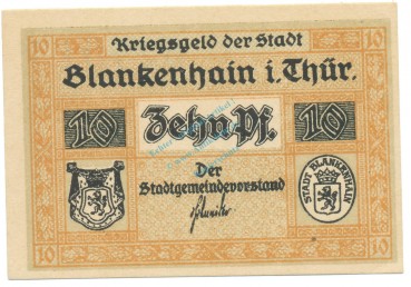 Blankenhain , Notgeld 10 Pfennig Schein unc-kfr. Ti.0725.05.10 TH o.D. Verkehrsausgabe -4250-