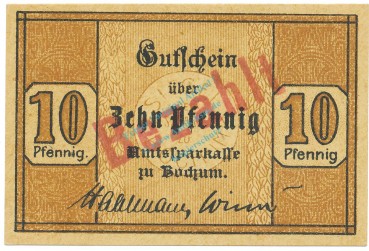 Bochum , Notgeld 10 Pfennig Schein unc-kfr.bez. Ti.0790.05.... Westfalen 1917 Verkehrsausgabe