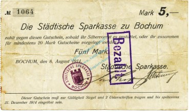 Bochum , Notgeld 5 Mark Schein gbr.E Diessner 36.4.a , Westfalen 1914 Notgeld 1914-15