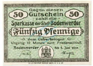 Bodenwerder , Notgeld 50 Pfennig -12 Monate- unc-kfr. Ti.0800.05.041 , NDS 1918 Verkehrsausgabe -4228-