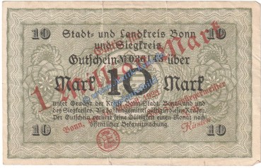Bonn , Banknote 1 Million Mark Schein in gbr. Keller 520.c-h , Rheinland 1923 Grossnotgeld Inflation