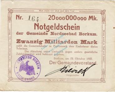 Borkum , Banknote 20 Milliarden Mark -F- gbr. Keller 535... NiedersachsBorkum , Banknote 20 Milliarden Mark -F- gbr. Keller 535... Niedersachsen 1923 Inflationen 1923 Inflation