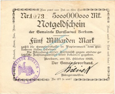 Borkum , Banknote 5 Milliarden Mark -B- gbr. Keller 535... Niedersachsen 1923 Inflation