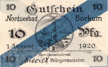 Borkum , Notgeld 10 Pfennig Schein unc-kfr. Ti.0845.05.16 , Niedersachsen 1920 Verkehrsausgabe