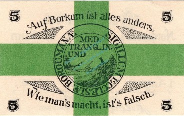 Preview: Borkum , Notgeld 5 Pfennig Schein unc-kfr. Ti.0845.05.15 , Niedersachsen 1920 Verkehrsausgabe