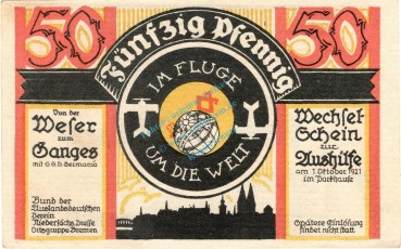 Bremen , Notgeld 50 Pfennig Schein in kfr. M-G 164.1 , Bremen 1921 Seriennotgeld