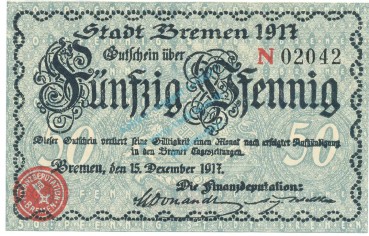 Bremen , Notgeld 50 Pfennig Schein unc-kfr. Ti.0895.055.05 NDS 1917 Verkehrsausgabe -4244-