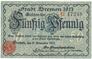Bremen , Notgeld 50 Pfennig Schein unc-kfr. Ti.0895.055.10 NDS 1917 Verkehrsausgabe -4245-