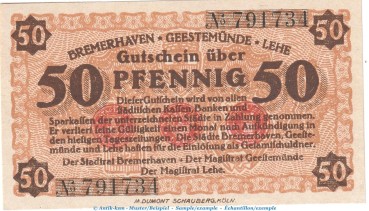 Bremerhaven Notgeld , 50 Pfennig Schein in kfr. o.D. Tieste 0905.05.06 , Niedersachsen Verkehrsausgabe