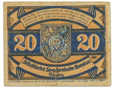 Breslau , Notgeld 20 Pfennig -Fröhlich- gbr. M-G 187.2 , SLN o.D. Seriennotgeld -5714-