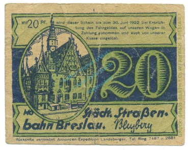 Breslau , Notgeld 20 Pfennig -Frölich- gbr. M-G 187.1 , SLN o.D. Seriennotgeld -5718-