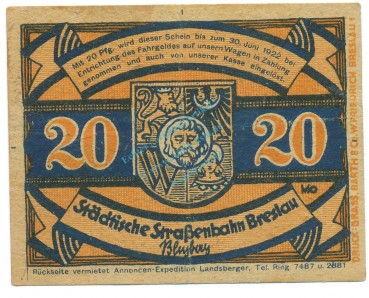 Breslau , Notgeld 20 Pfennig -Garbaty- gbr. M-G 187.2 , SLN o.D. Seriennotgeld -5715-