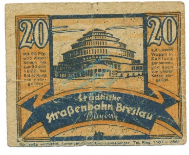 Breslau , Notgeld 20 Pfennig -Klausner- gbr-. M-G 187.2 , SLN o.D. Seriennotgeld -5713-