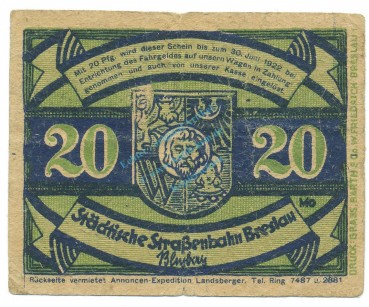 Breslau , Notgeld 20 Pfennig -Ring8300- gbr. M-G 187.1 , SLN o.D. Seriennotgeld -5717-