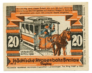 Breslau , Notgeld 20 Pfennig -Schaefer- unc-kfr. M-G 187.4 , SLN o.D. Seriennotgeld -5719-