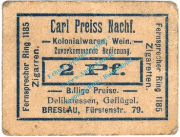 Breslau , Notgeld 2 Pfennig Schein in gbr. Tieste 0915.105.02 , Schlesien o.D. Verkehrsausgabe