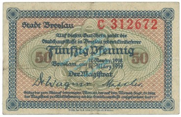 Breslau , Notgeld 50 Pfennig Schein -C- gbr. Ti.0915.115.15 , SLN 1918 Verkehrsausgabe -4220-