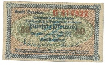 Breslau , Notgeld 50 Pfennig Schein -D- gbr. Ti.0915.115.20 , SLN 1918 Verkehrsausgabe -4221-