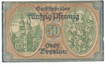 Preview: Breslau , Notgeld 50 Pfennig Schein -D- gbr. Ti.0915.115.20 , SLN 1918 Verkehrsausgabe -4221-